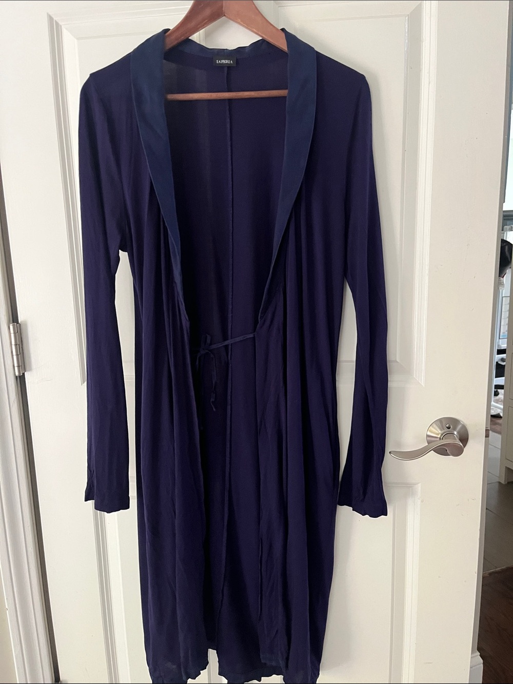 La Perla Modal eggplant purple Short Robe, silky trim, lace detail, semi sheer